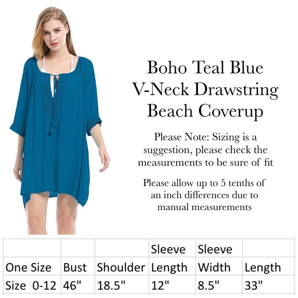 Boho Teal Blue Loose V-Neck Drawstring Beach Bikini Coverup - Picture 12 of 12